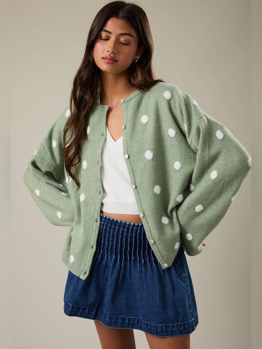 NWT Long Sleeve Crew Neck Relaxed Fit Polka Dot Cardigan Sweater
